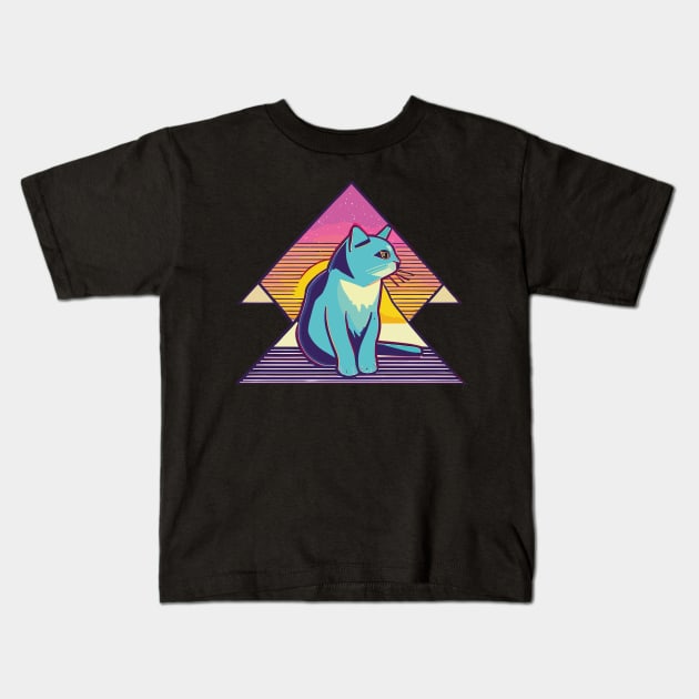 Vintage 80s Geometric Cat with Sunset Kids T-Shirt by Jabir